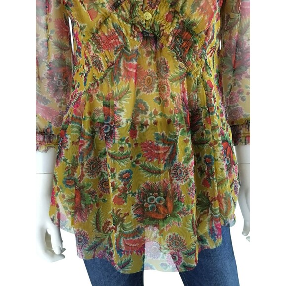 Anthropologie Sheer Mesh Babydoll Henley Top S Chartreuse Floral Balloon Sleeve - Picture 4 of 16